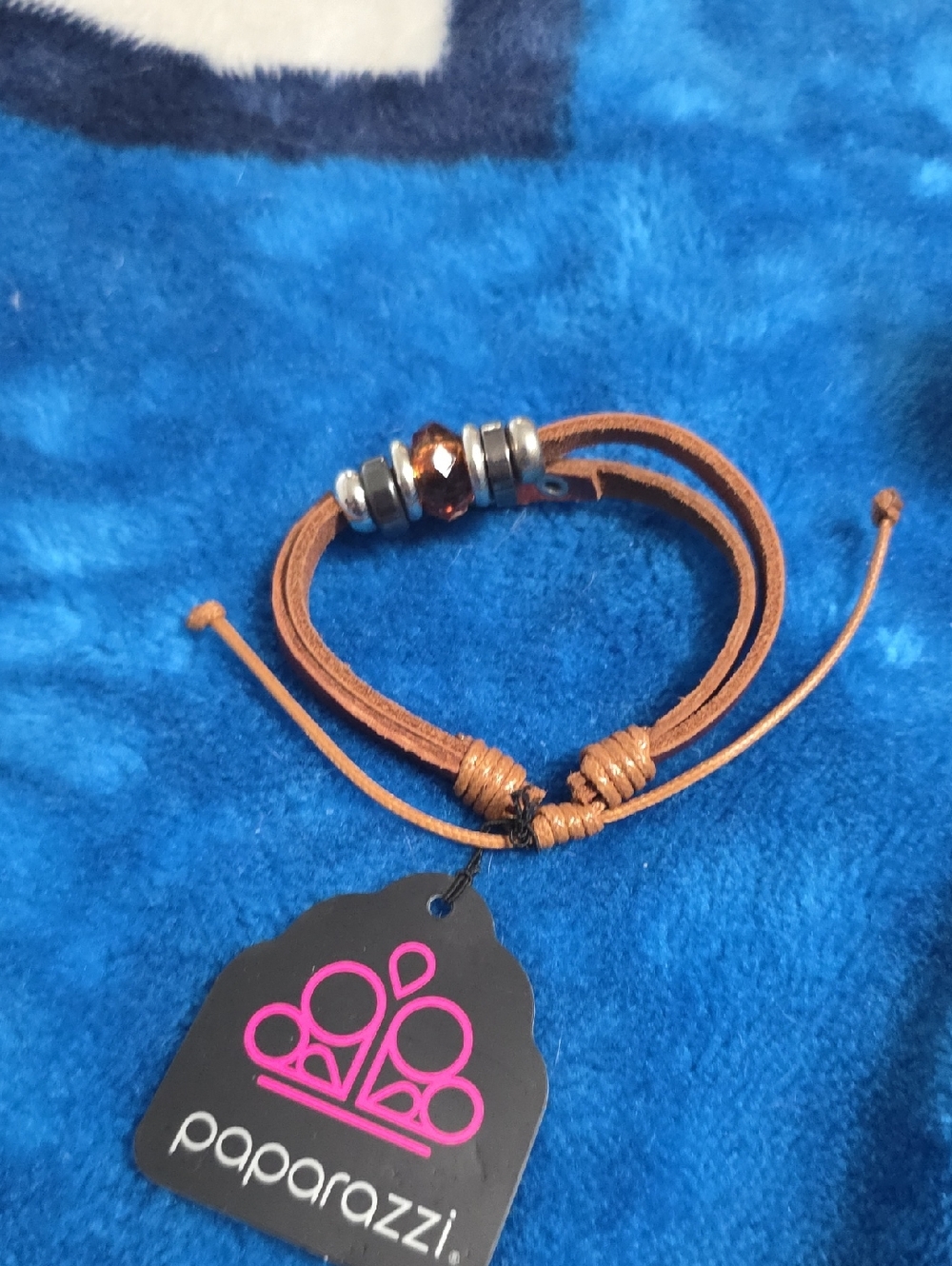 Paparazzi Tan Leather Wrap Bracelet with Amber Bead and Silver Accents